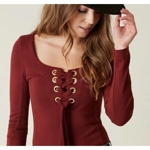 Free People Womens Lace Up Grommet Long Sleeve Top Rust Red Ribbed Size M
